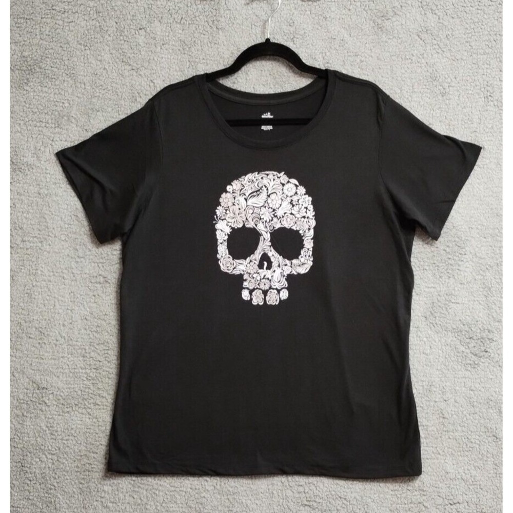 Way to Celebrate Halloween T-Shirt Womens XL Black Floral Skull Graphic Tee
